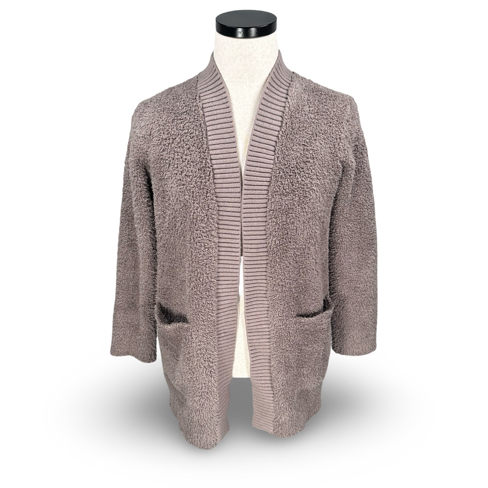 Barefoot Dreams Ribbed‎ Knit Trim Cardigan Sweater Women’s XS Taupe Open Front